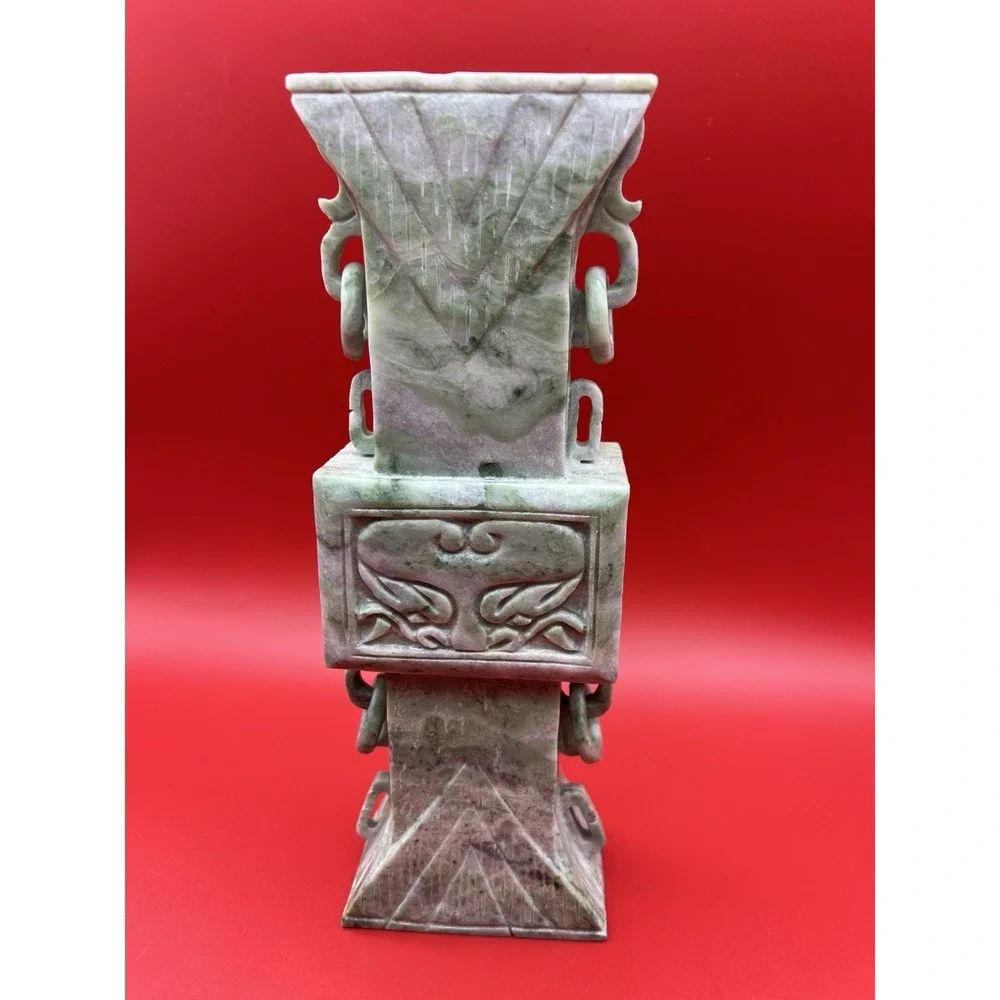 Vintage Pale Green Carved Jadeite Ring Handle Vase 10.25